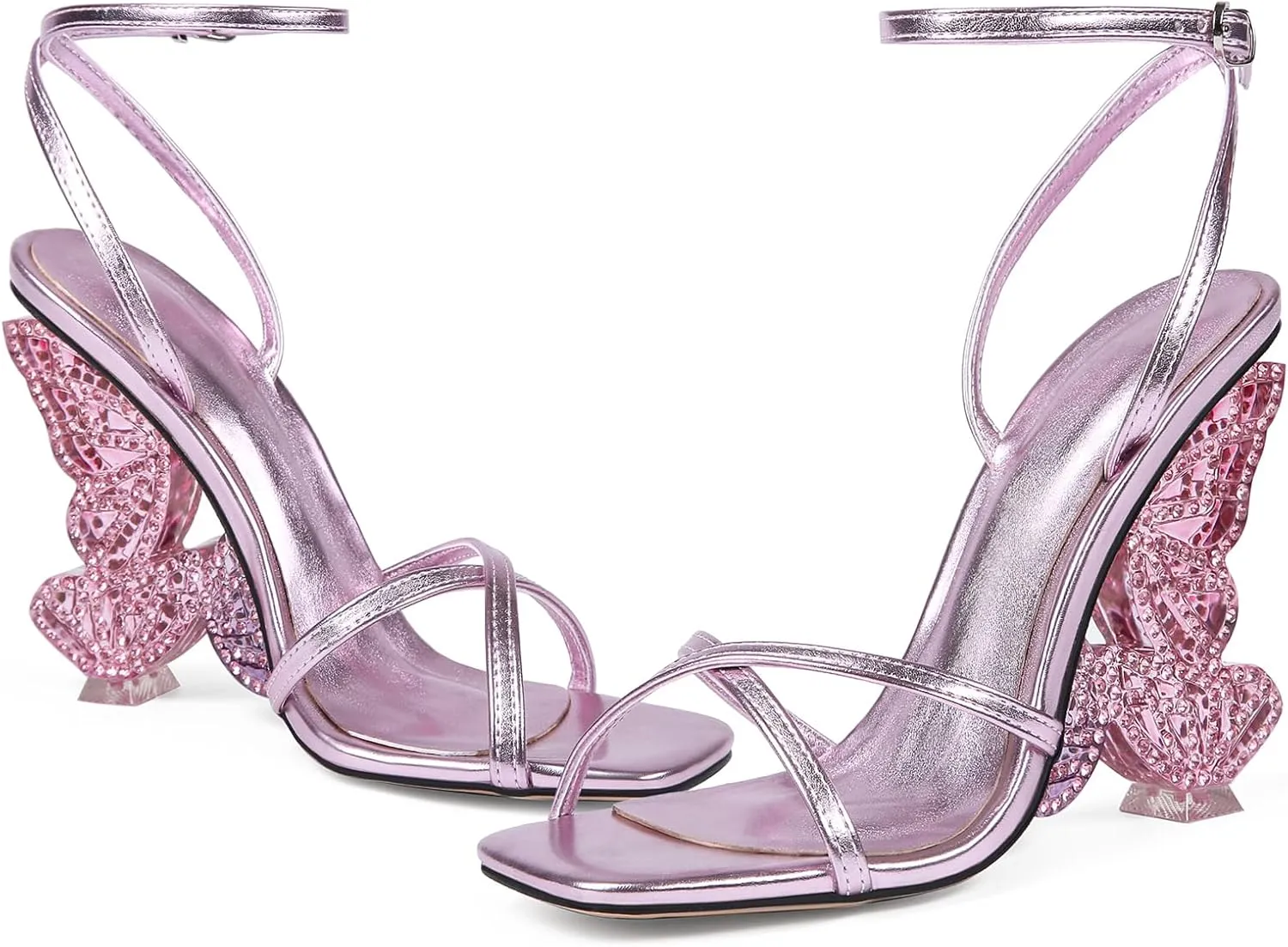 Rhinestone Butterfly High Heels for Women - Open Round Toe Stiletto Heel Sandals with Ankle Wrap Buckle Wedding,Prom,Evening Dressy Shoes