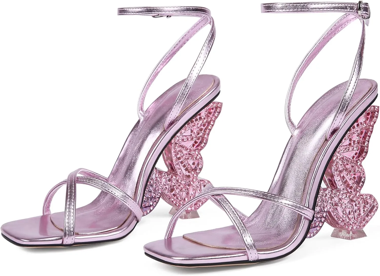 Rhinestone Butterfly High Heels for Women - Open Round Toe Stiletto Heel Sandals with Ankle Wrap Buckle Wedding,Prom,Evening Dressy Shoes