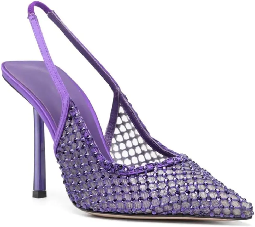 Rhinestone Mesh Slingback High Heels Stiletto Pumps Slip on Dress Shoes for Dating Party Working