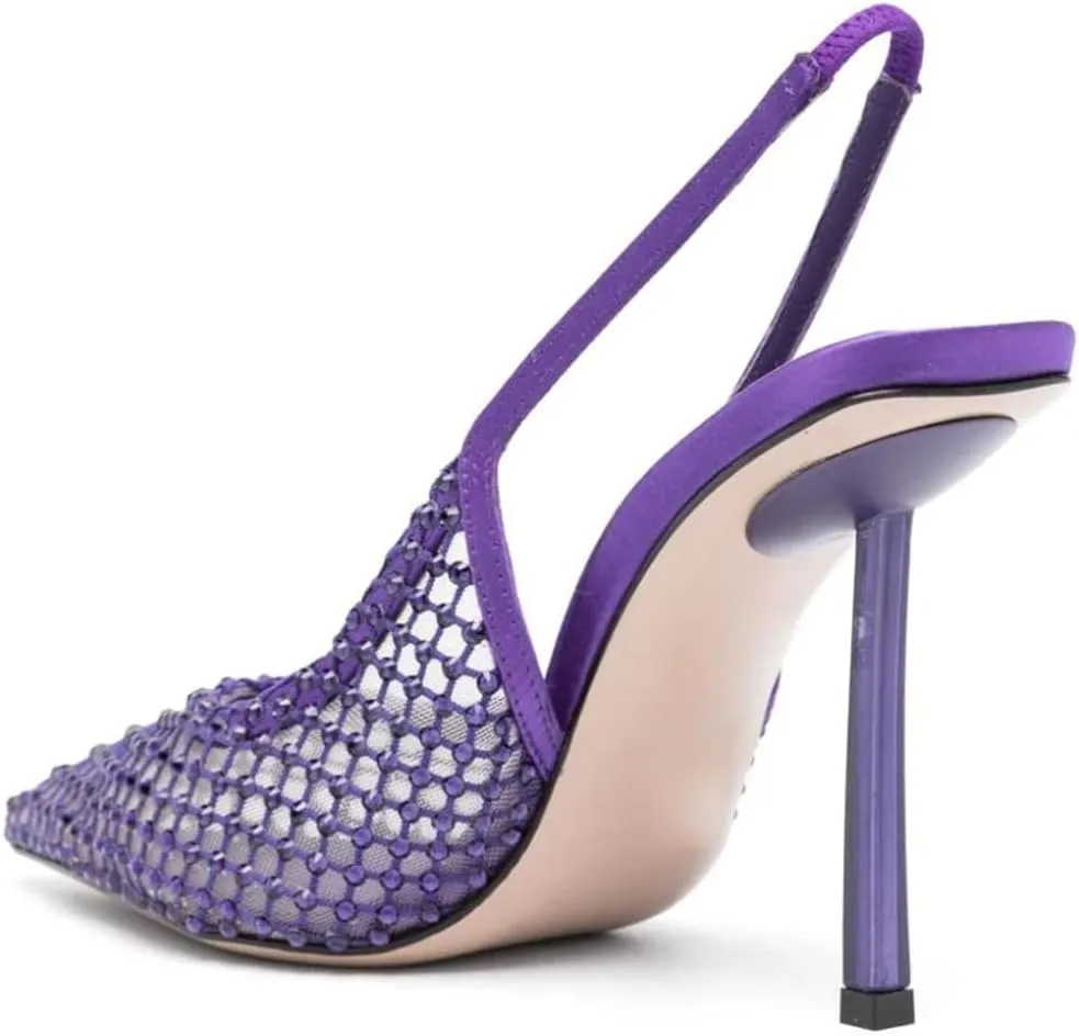 Rhinestone Mesh Slingback High Heels Stiletto Pumps Slip on Dress Shoes for Dating Party Working