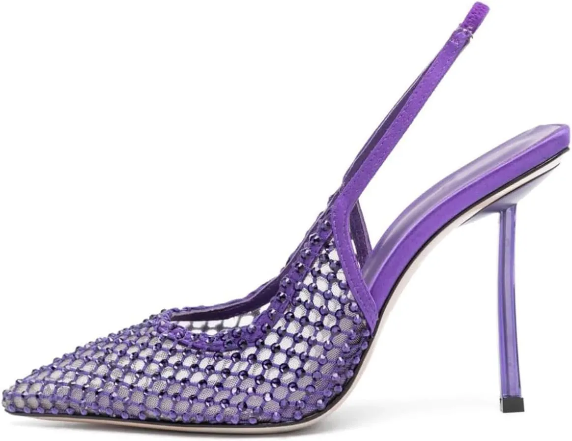 Rhinestone Mesh Slingback High Heels Stiletto Pumps Slip on Dress Shoes for Dating Party Working