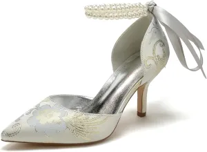 Rhinestone Women Buckle Pointed Toe Bridal Silk Wedding Shoes Satin Pumps High Heel Prom Shoes