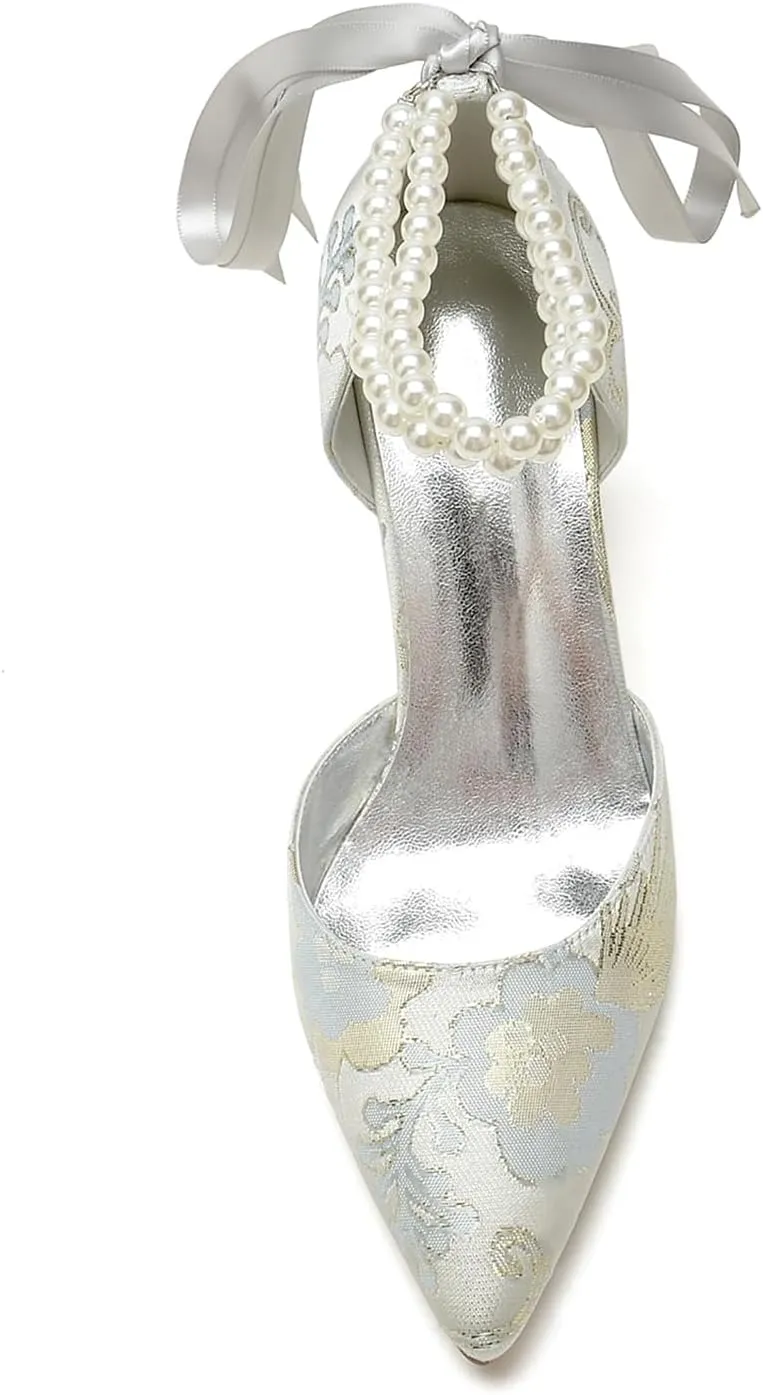 Rhinestone Women Buckle Pointed Toe Bridal Silk Wedding Shoes Satin Pumps High Heel Prom Shoes