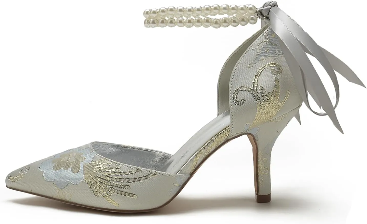 Rhinestone Women Buckle Pointed Toe Bridal Silk Wedding Shoes Satin Pumps High Heel Prom Shoes