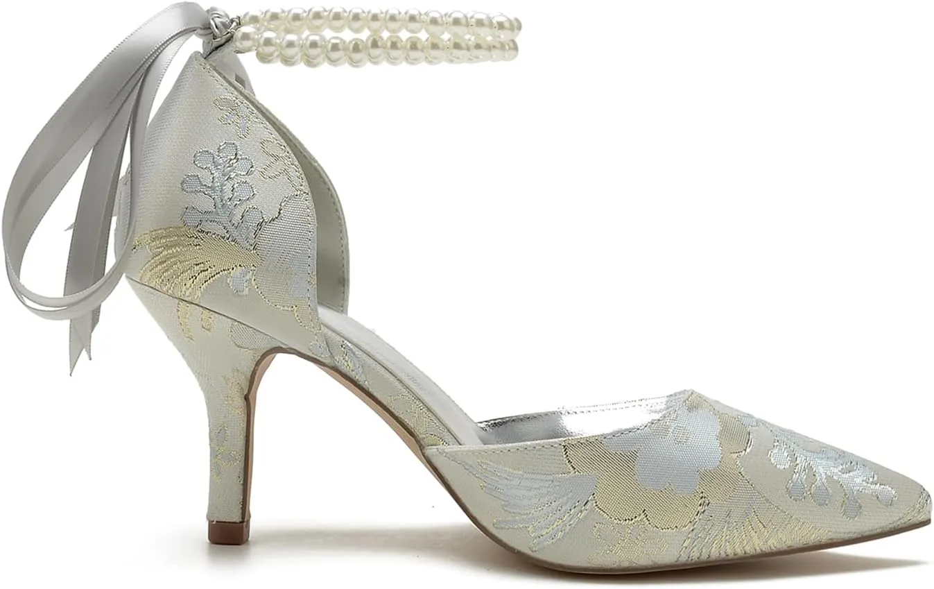 Rhinestone Women Buckle Pointed Toe Bridal Silk Wedding Shoes Satin Pumps High Heel Prom Shoes