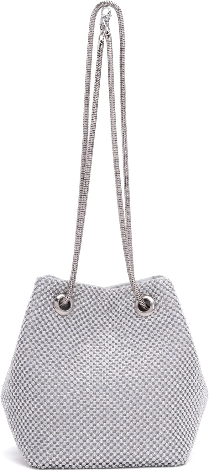 Rhinestones Bucket Bag Women Evening Party Clutch Bag Crossbody Shoulder Purse with Detachable Chain Strap