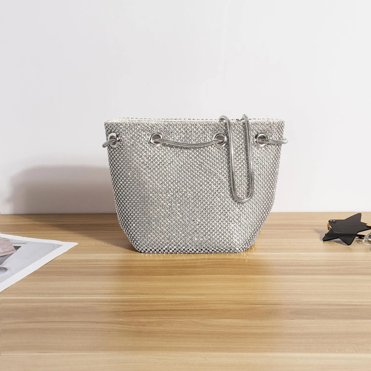 Rhinestones Bucket Bag Women Evening Party Clutch Bag Crossbody Shoulder Purse with Detachable Chain Strap