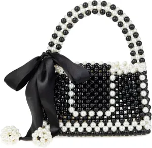 Ribbon Accent Black & White Acrylic Beaded Handbag Evening Bag for Wedding Party