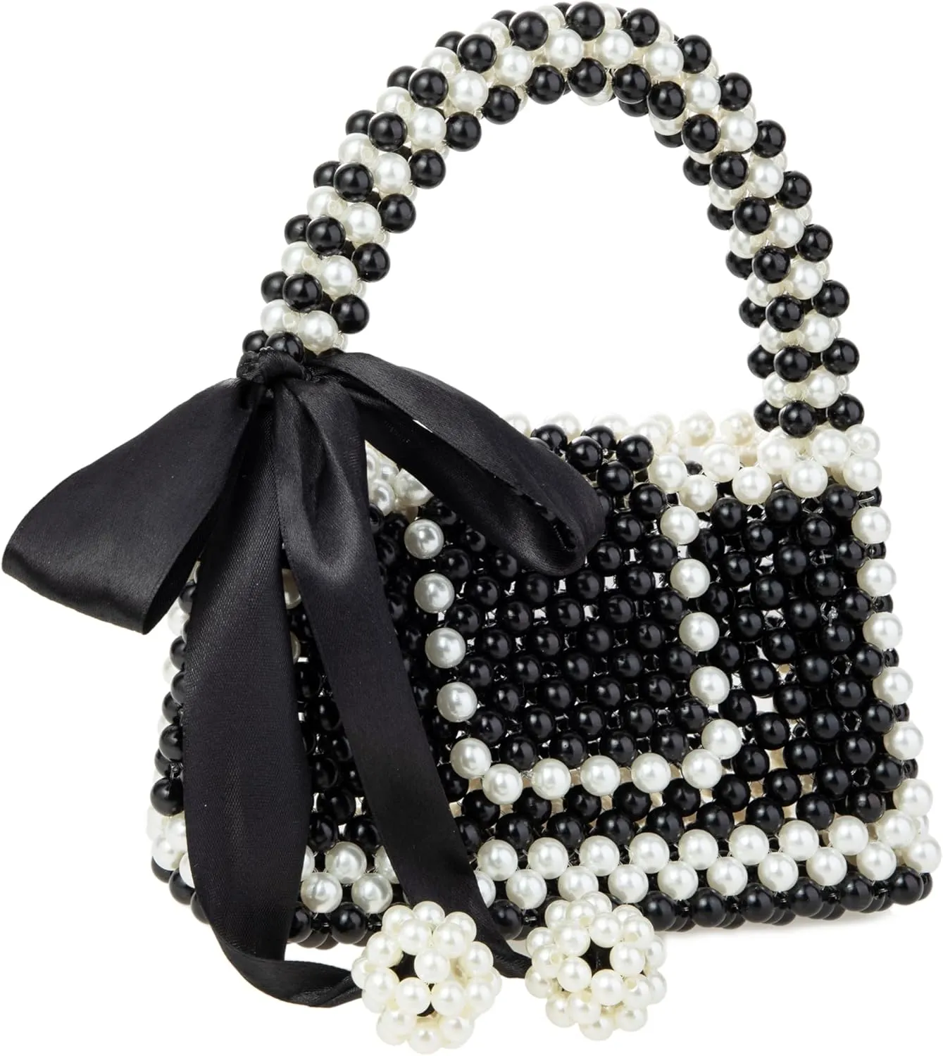 Ribbon Accent Black & White Acrylic Beaded Handbag Evening Bag for Wedding Party