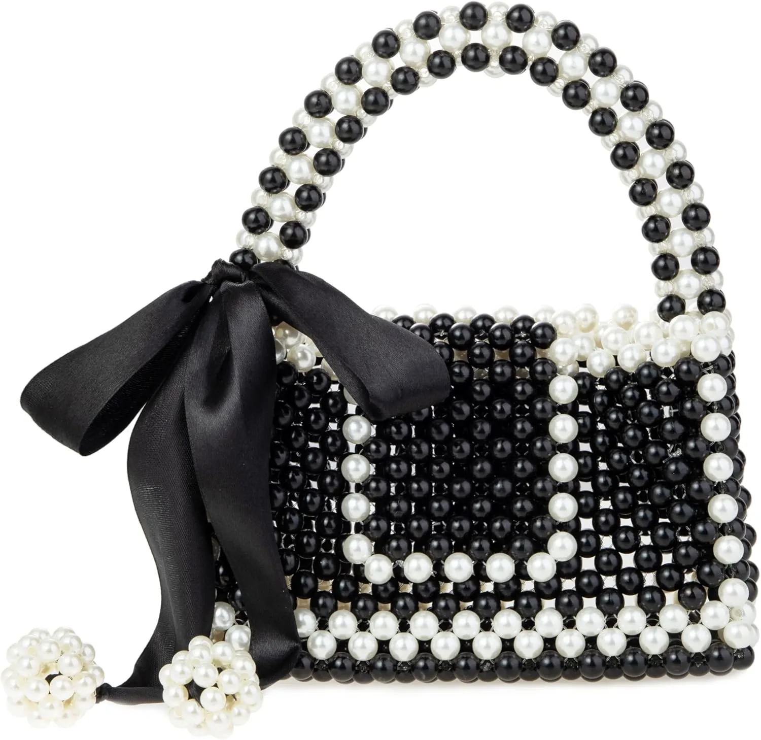 Ribbon Accent Black & White Acrylic Beaded Handbag Evening Bag for Wedding Party