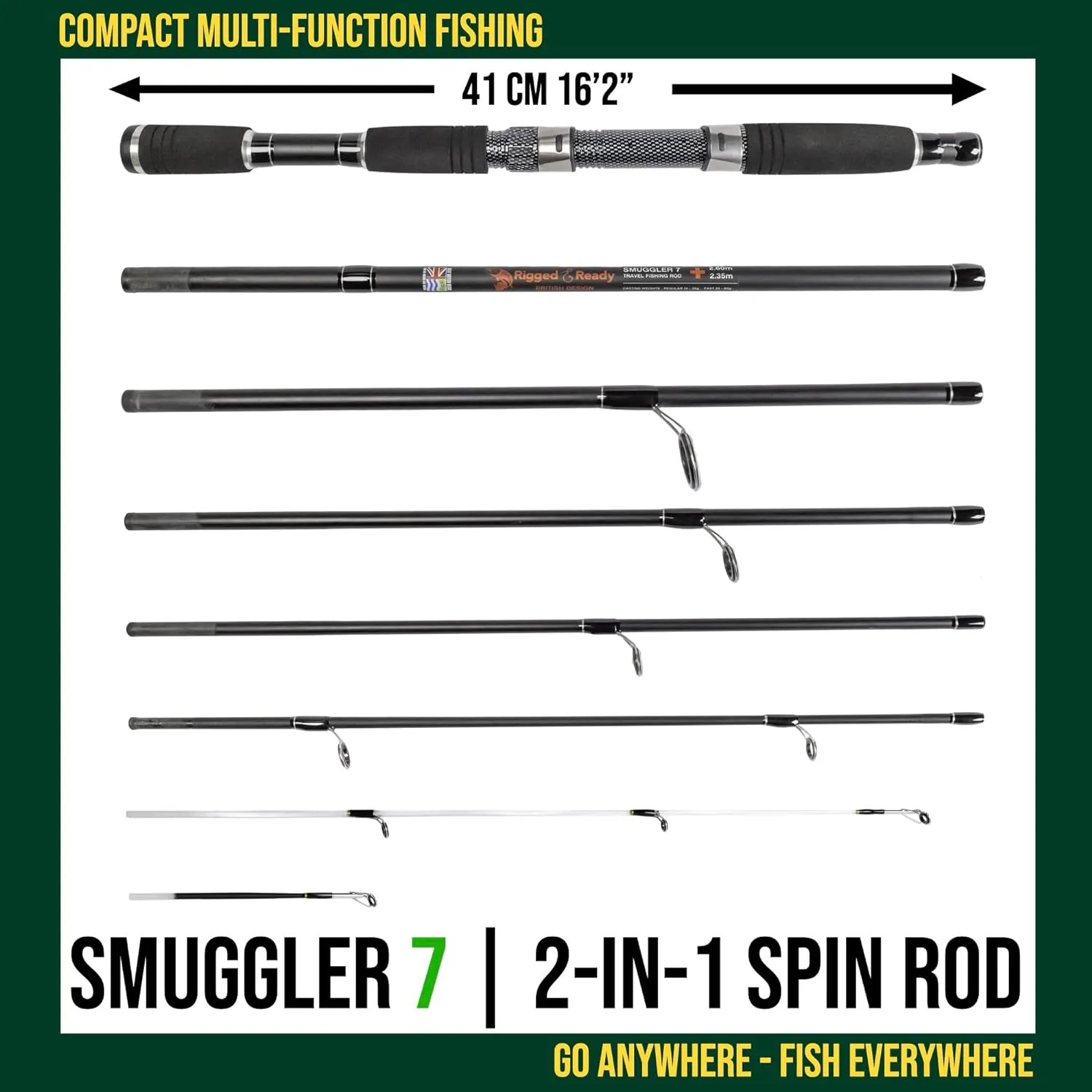 Rigged and Ready Smuggler Series Travel Fishing Rods. 6 Portable, Super Compact Spin, Bass, Carp, Lure, Rod Reel Combination and 5 Poles   Case. 2 or 4 Tips for Freshwater and Saltwater Fishing