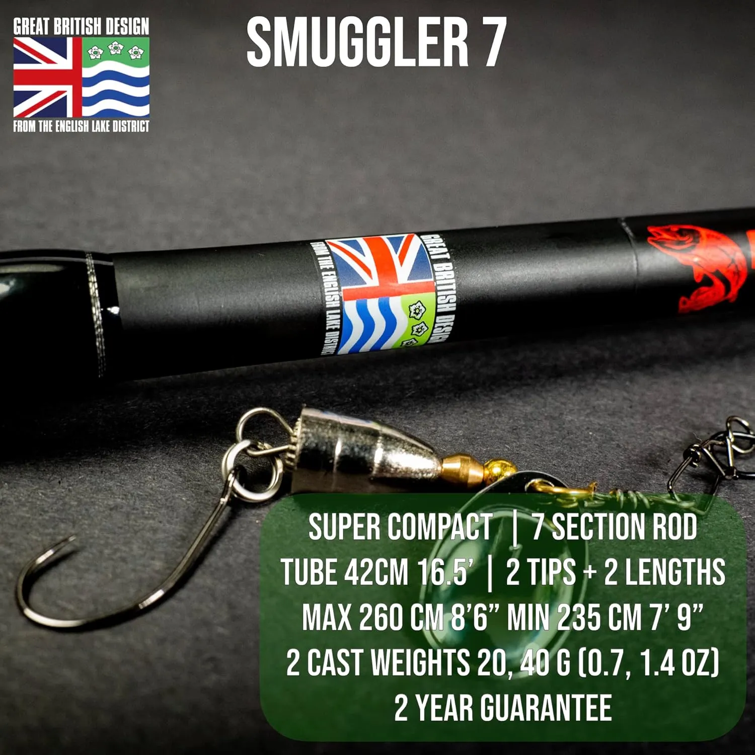Rigged and Ready Smuggler Series Travel Fishing Rods. 6 Portable, Super Compact Spin, Bass, Carp, Lure, Rod Reel Combination and 5 Poles   Case. 2 or 4 Tips for Freshwater and Saltwater Fishing