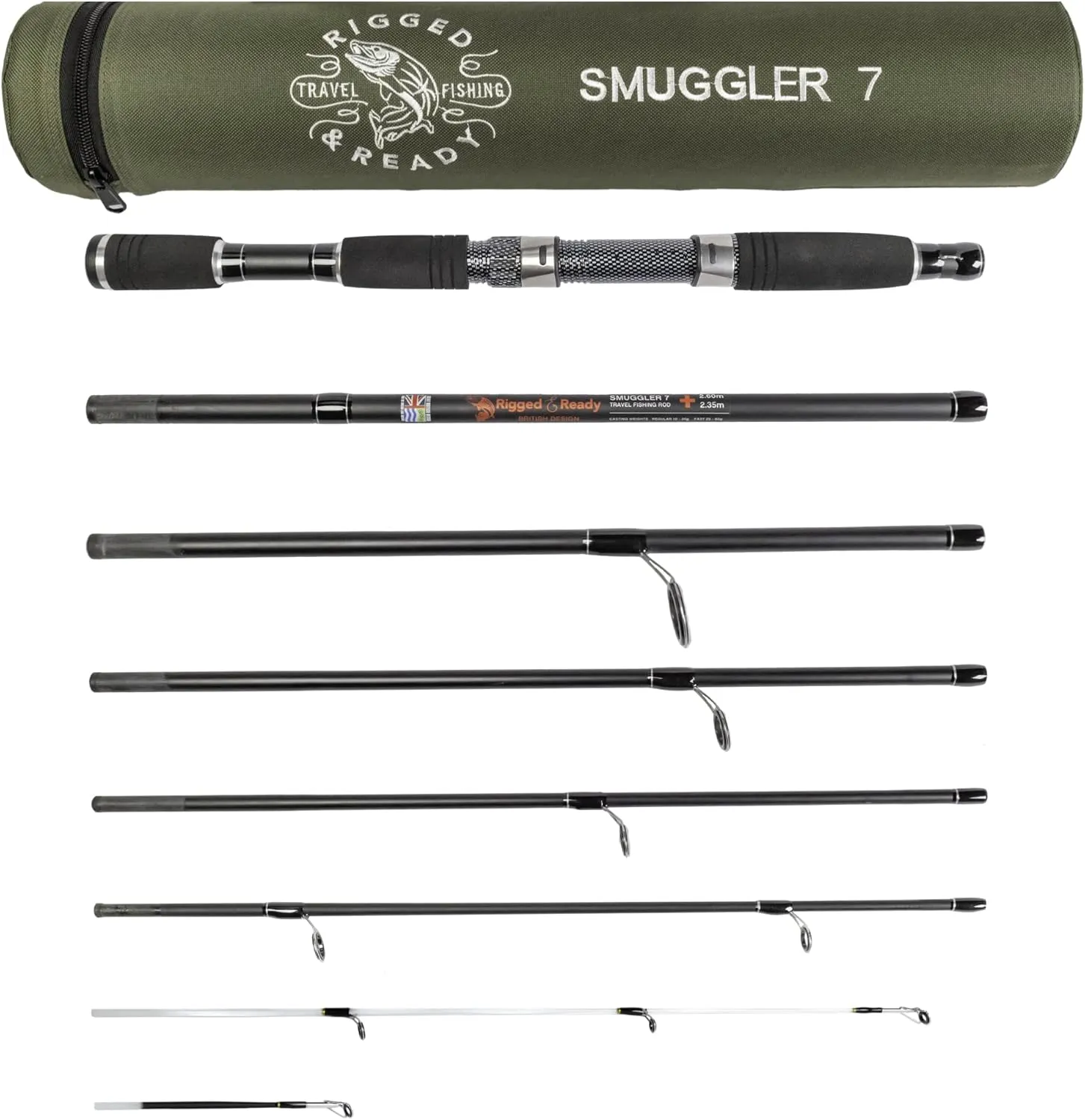 Rigged and Ready Smuggler Series Travel Fishing Rods. 6 Portable, Super Compact Spin, Bass, Carp, Lure, Rod Reel Combination and 5 Poles   Case. 2 or 4 Tips for Freshwater and Saltwater Fishing