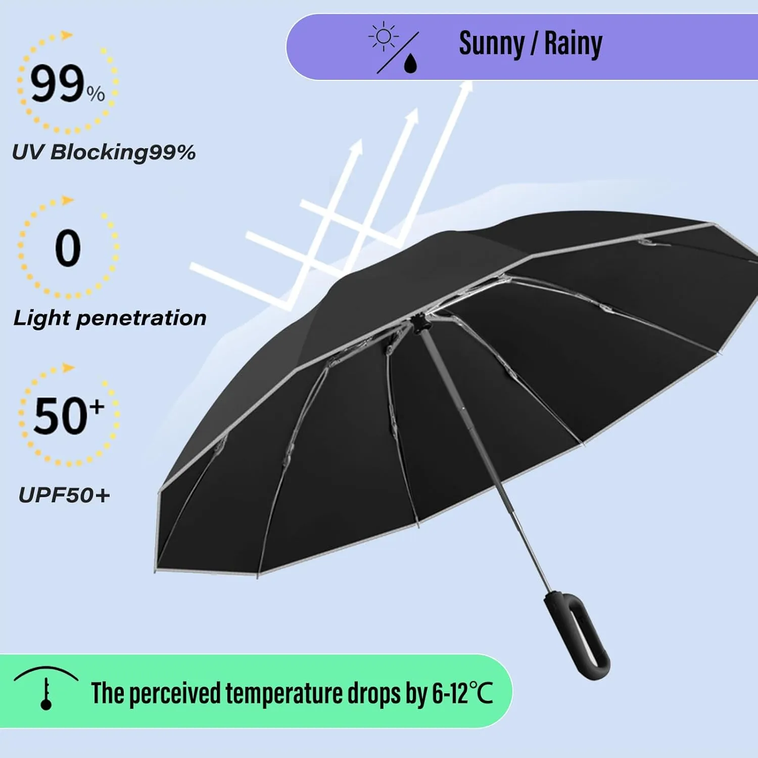 Ring Buckle Umbrella, Reflective Safety Strip, Sturdy Windproof, Reverse Automatic Umbrella, Ring Buckle Fully Automatic Umbrella, Travel Portable, Compact Folding Travel Umbrella (Beige)