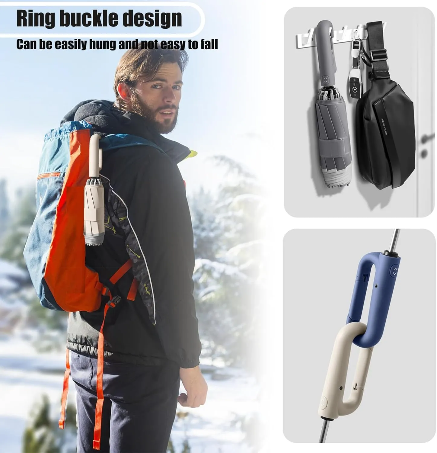 Ring Buckle Umbrella, Reflective Safety Strip, Sturdy Windproof, Reverse Automatic Umbrella, Ring Buckle Fully Automatic Umbrella, Travel Portable, Compact Folding Travel Umbrella (Beige)