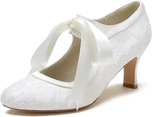 Roimaash Vintage Ribbon Lace Bow Wedding Pumps Round Toe