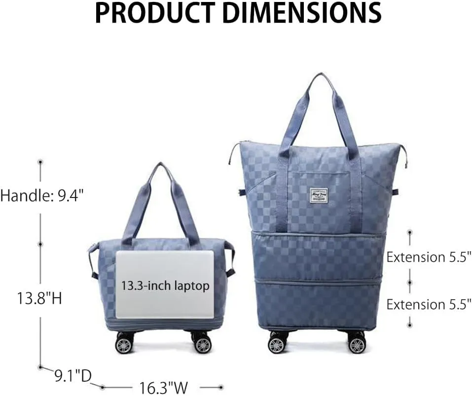 Rolling Duffle Bag Expandable Travel Bag with Detachable Wheels and Handle Checkered Foldable Carry On Bag Wheeled Weekend Bag for Women and Men - Khaki, L133NF59D41XA2ANLFUJZQM