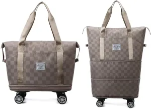 Rolling Duffle Bag Expandable Travel Bag with Detachable Wheels and Handle Checkered Foldable Carry On Bag Wheeled Weekend Bag for Women and Men - Khaki, L133NF59D41XA2ANLFUJZQM