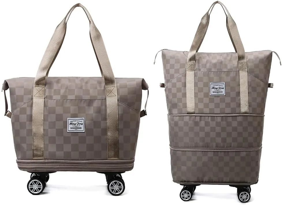 Rolling Duffle Bag Expandable Travel Bag with Detachable Wheels and Handle Checkered Foldable Carry On Bag Wheeled Weekend Bag for Women and Men - Khaki, L133NF59D41XA2ANLFUJZQM