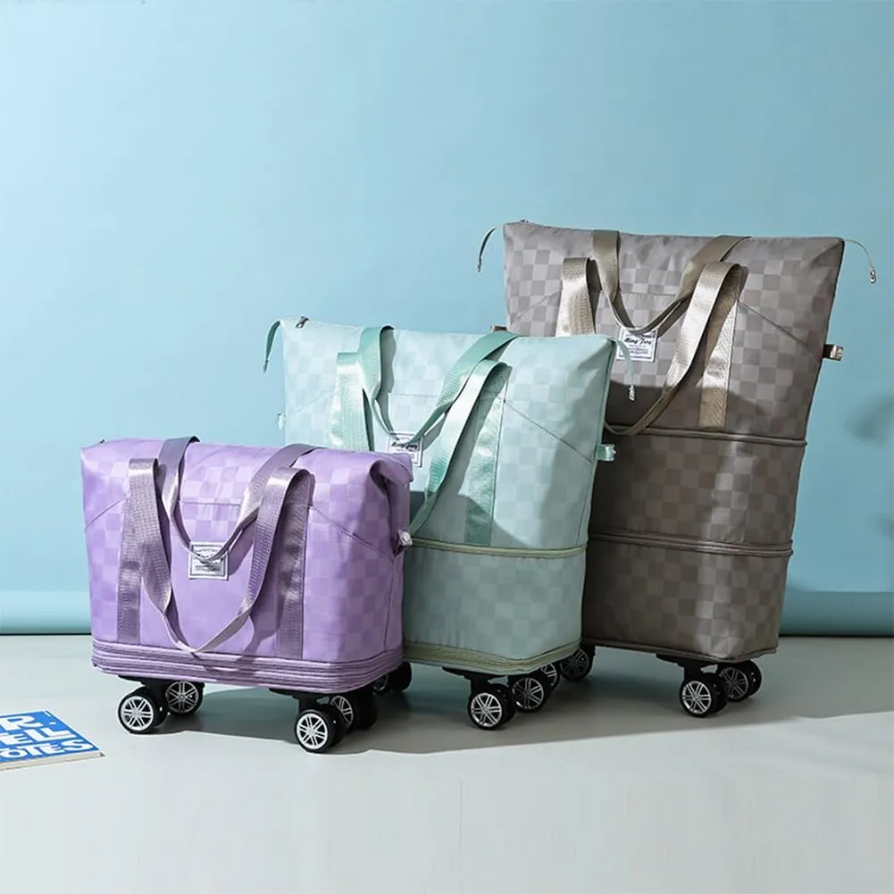 Rolling Duffle Bag Expandable Travel Bag with Detachable Wheels and Handle Checkered Foldable Carry On Bag Wheeled Weekend Bag for Women and Men - Khaki, L133NF59D41XA2ANLFUJZQM