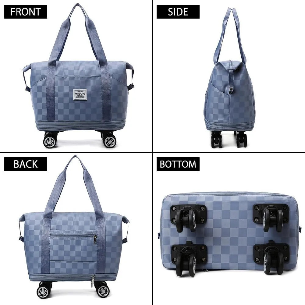 Rolling Duffle Bag Expandable Travel Bag with Detachable Wheels and Handle Checkered Foldable Carry On Bag Wheeled Weekend Bag for Women and Men - Khaki, L133NF59D41XA2ANLFUJZQM