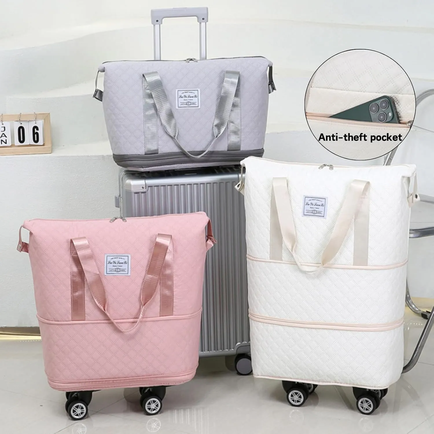 Rolling Duffle Bag with Wheels, Expandable Travel Duffel Bag with Detachable Spinner Wheels & Wet Pocket, Large Waterproof Travel Tote Bags Carry On Overnight Bag Hospital Bag Grey