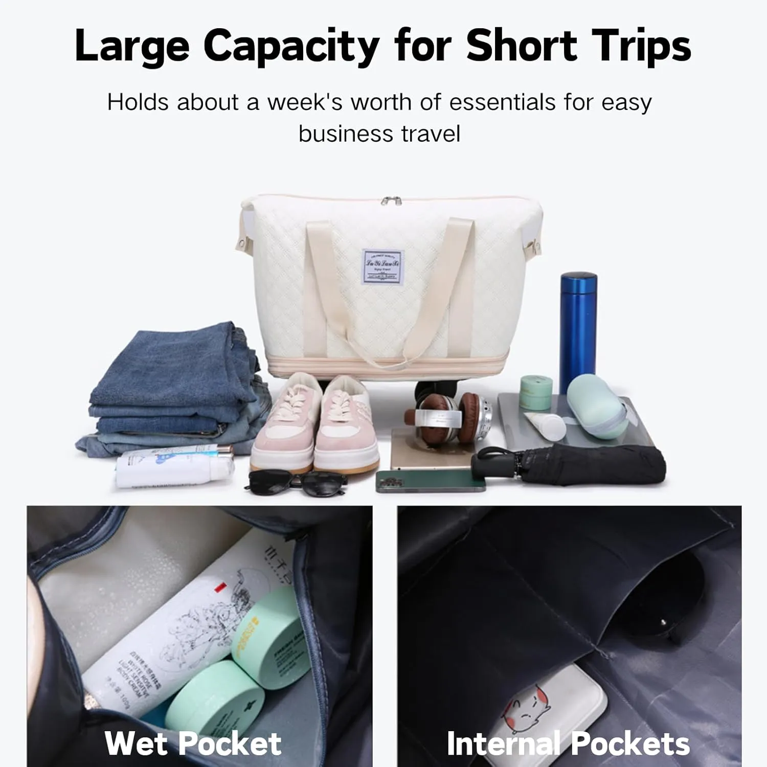 Rolling Duffle Bag with Wheels, Expandable Travel Duffel Bag with Detachable Spinner Wheels & Wet Pocket, Large Waterproof Travel Tote Bags Carry On Overnight Bag Hospital Bag Grey