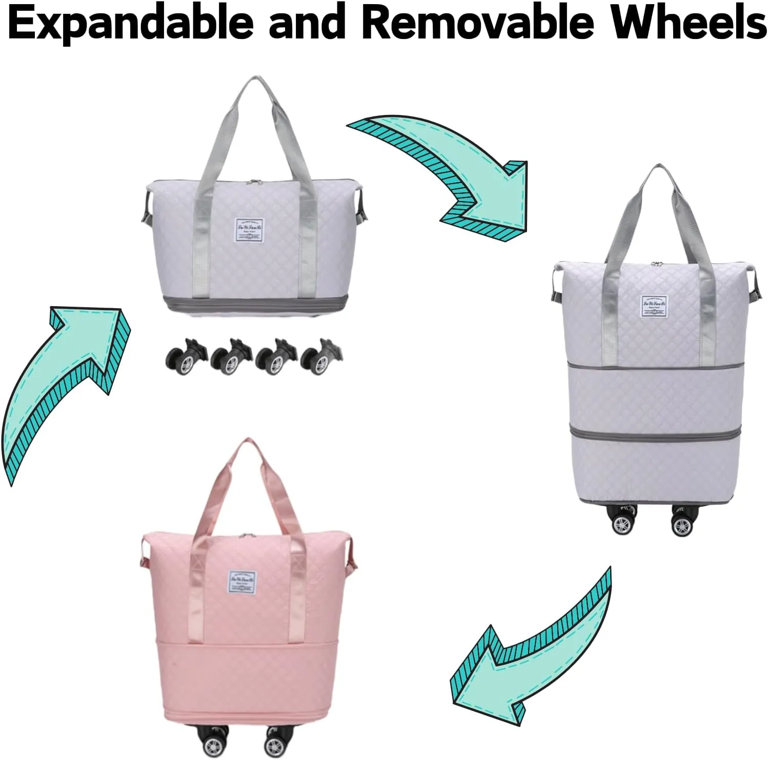 Rolling Duffle Bag with Wheels, Expandable Travel Duffel Bag with Detachable Spinner Wheels & Wet Pocket, Large Waterproof Travel Tote Bags Carry On Overnight Bag Hospital Bag Grey