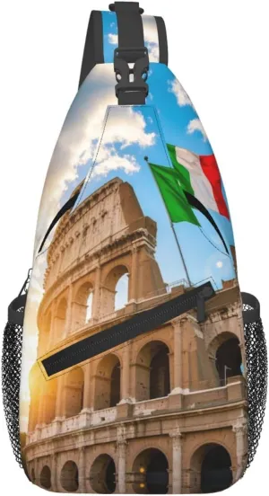 Roman Colosseum Italian Flag Print Men's and Women's Crossbody Bags, Casual and Fashionable Single Shoulder Backpacks,Suitable for Hiking Chest Bags
