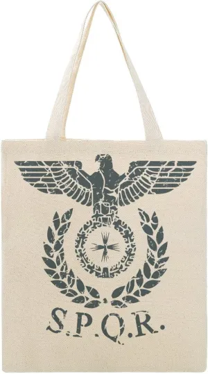 Roman Emblem SPQR Canvas Tote Bag with Handles Reusable Grocery Shopping Printed Beach Handbag for Daily Travel Work, 38x41cm