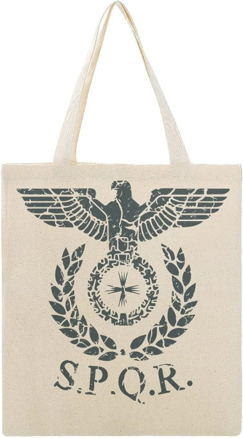 Roman Emblem SPQR Canvas Tote Bag with Handles Reusable Grocery Shopping Printed Beach Handbag for Daily Travel Work, 38x41cm