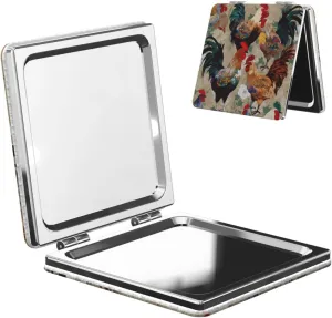 Rooster and Chicken Print Printed Square Pocket Makeup Mirror with 1X/2X Magnification, Portable Mini Travel Makeup Mirror for Travel Daily Work Beauty