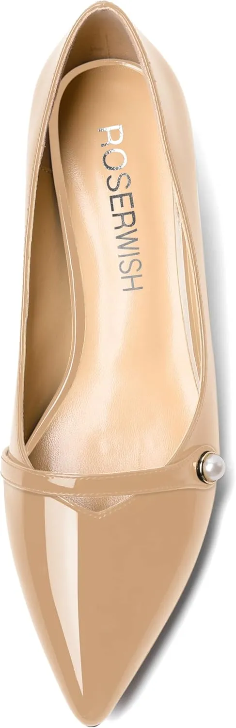 ROSERWISH Womens Evening Dress Wedding Slip On Pointed Toe Patent Kitten Low Heel Pumps Shoes 1.5 Inch