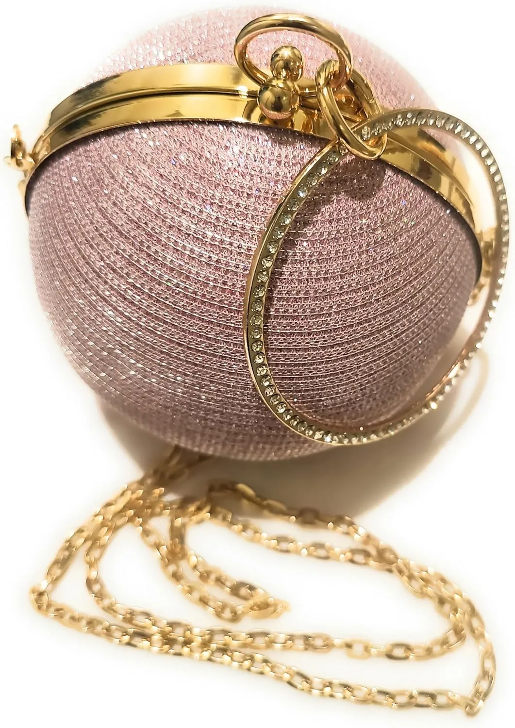 Round Ball Glitter Evening Clutch Rhinestone Ring Handle With Chain Strap, Party Purse, Wedding Clutch