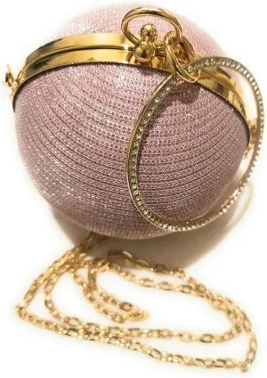 Round Ball Glitter Evening Clutch Rhinestone Ring Handle With Chain Strap, Party Purse, Wedding Clutch