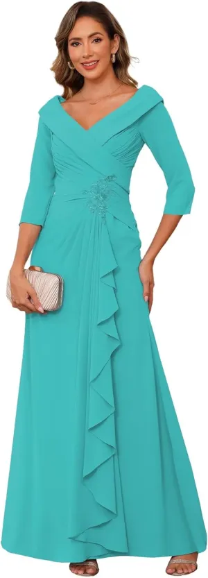 RSOETOO Chiffon Mother of The Bride Dresses for Wedding Long with 3/4 Sleeves Ruffles Applique Formal Dress RO187