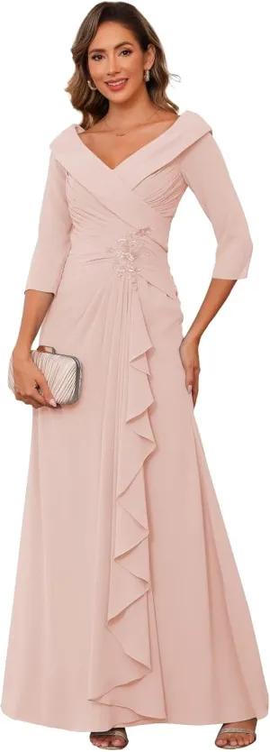 RSOETOO Chiffon Mother of The Bride Dresses for Wedding Long with 3/4 Sleeves Ruffles Applique Formal Dress RO187