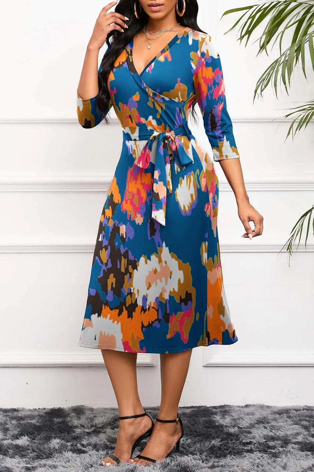 Runwind Women's Midi Dress,3/4 Sleeves V Neck Cocktail Party Dress Curvy Wrap Sexy Geometric Pattern Dresses with Belt