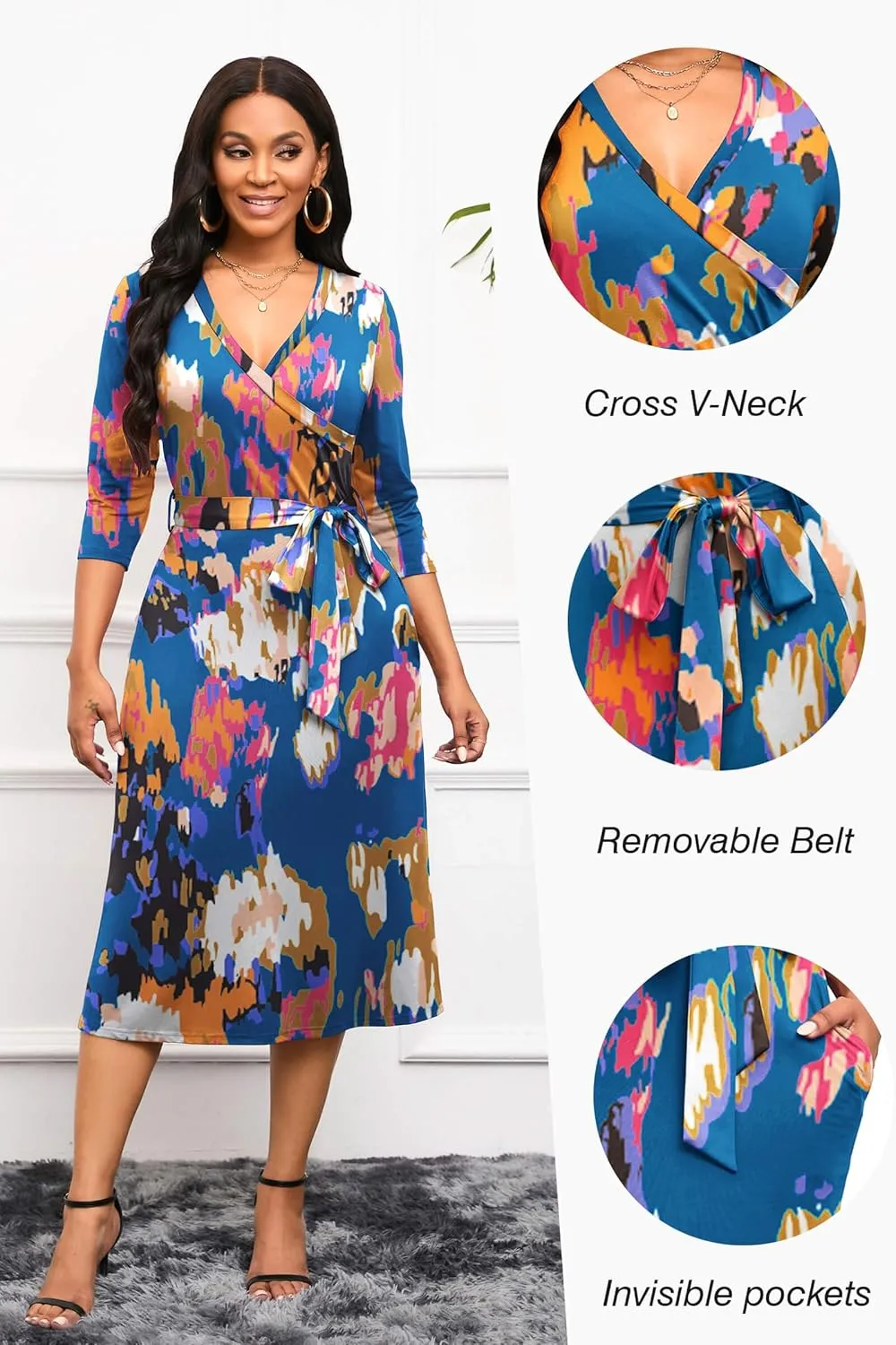 Runwind Women's Midi Dress,3/4 Sleeves V Neck Cocktail Party Dress Curvy Wrap Sexy Geometric Pattern Dresses with Belt