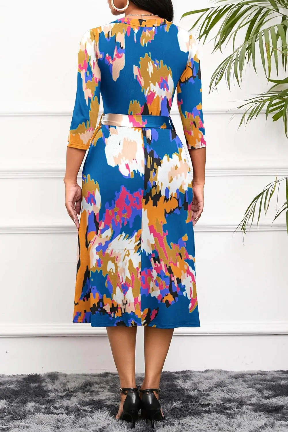 Runwind Women's Midi Dress,3/4 Sleeves V Neck Cocktail Party Dress Curvy Wrap Sexy Geometric Pattern Dresses with Belt