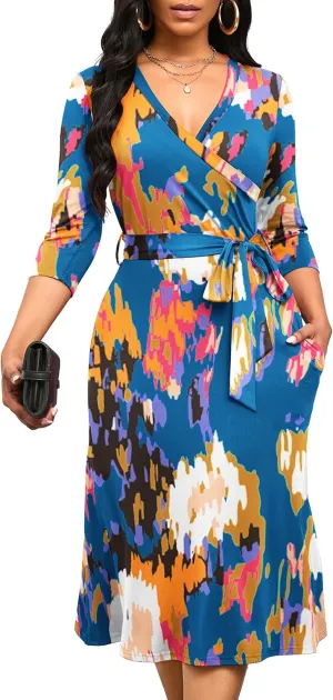 Runwind Women's Midi Dress,3/4 Sleeves V Neck Cocktail Party Dress Curvy Wrap Sexy Geometric Pattern Dresses with Belt