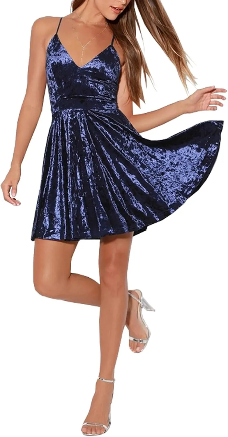 R.Vivimos Women's Crushed Velvet Spaghetti Straps Sexy V Neck Club Party Pleated Swing Skater Dress