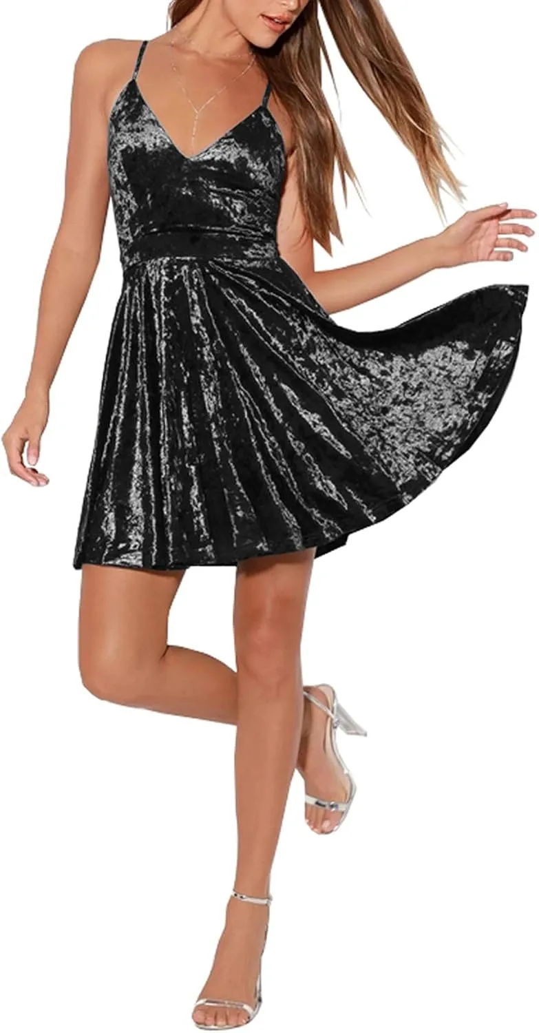 R.Vivimos Women's Crushed Velvet Spaghetti Straps Sexy V Neck Club Party Pleated Swing Skater Dress