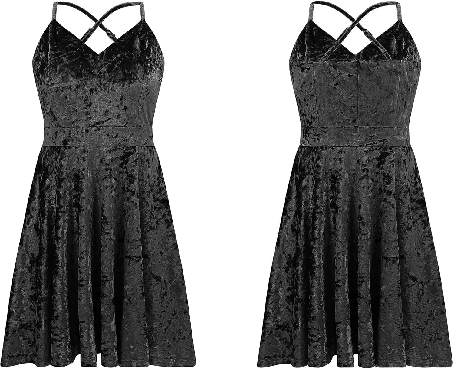 R.Vivimos Women's Crushed Velvet Spaghetti Straps Sexy V Neck Club Party Pleated Swing Skater Dress