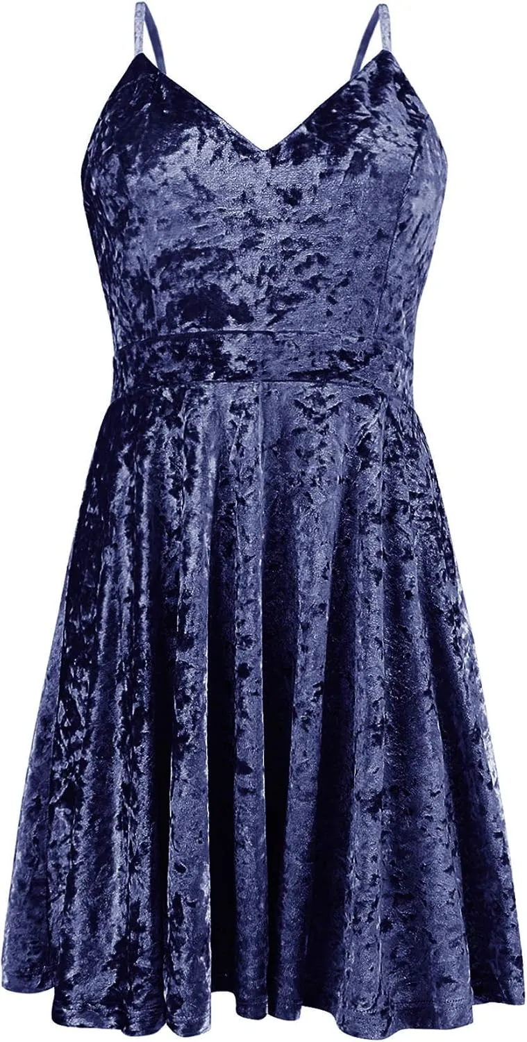R.Vivimos Women's Crushed Velvet Spaghetti Straps Sexy V Neck Club Party Pleated Swing Skater Dress