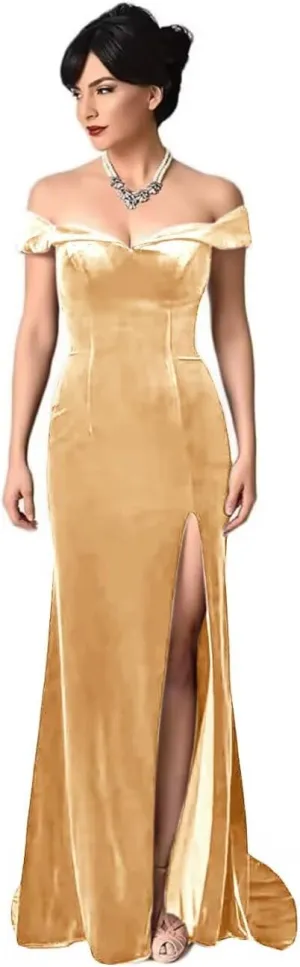 RYANTH Women's Long Off Shoulder Velvet Mother of The Bride Dresses Mermaid Bridesmaid Dress Formal Evening Gowns RPM111