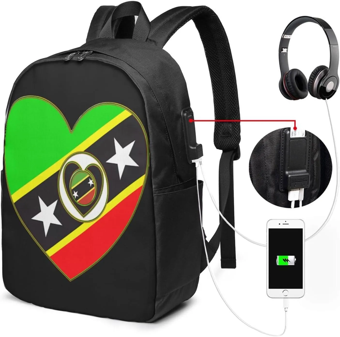 Saint Kitts Nevis Flag Laptop Backpacks Travel Backpack Casual Business Daypack Sport Rucksack Computer Bag Fits up to 17 Inch Notebook with USB Port