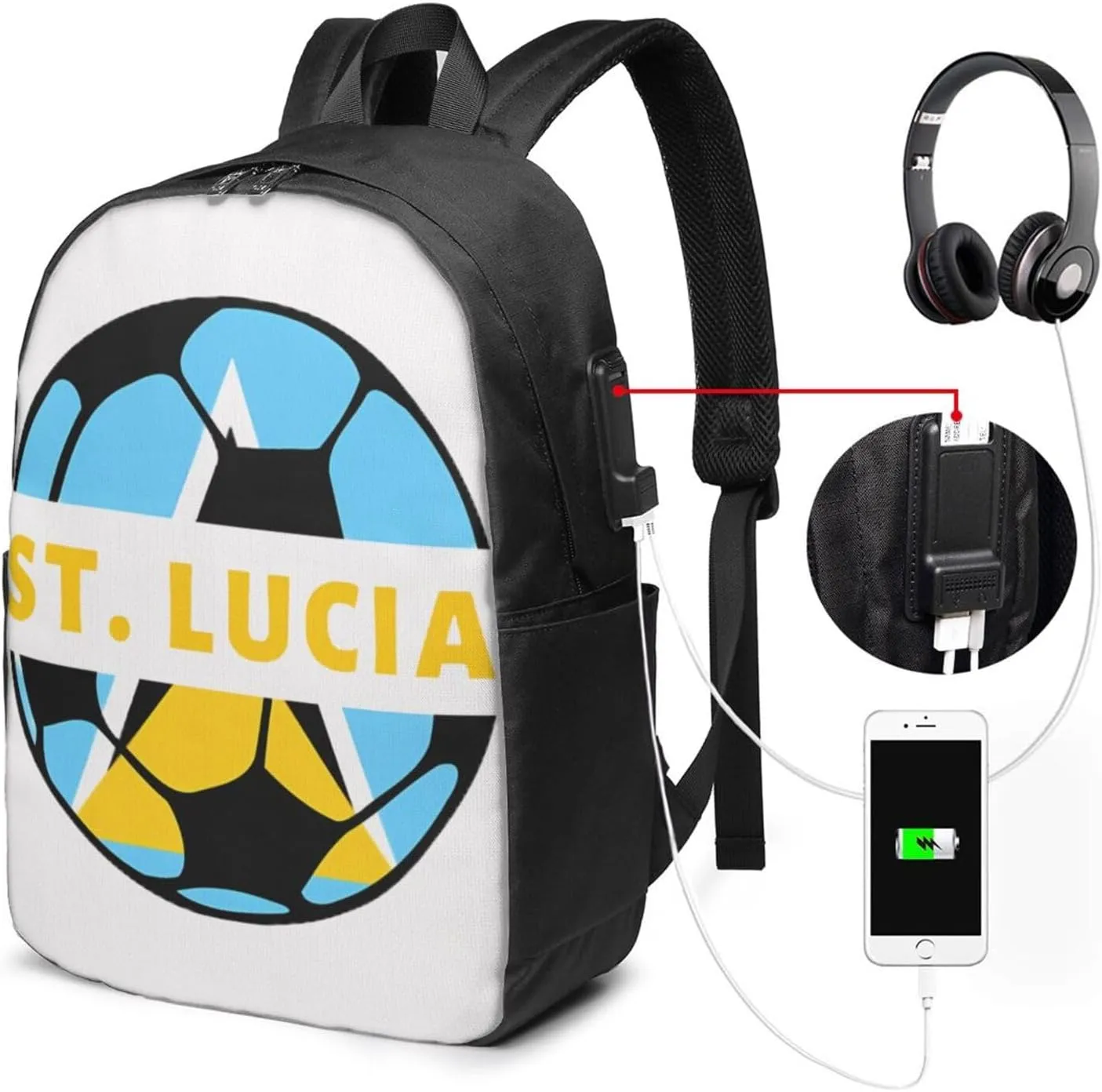 Saint Lucian Lucia Football Soccer Flag Laptop Backpacks Travel Backpack Casual Business Daypack Sport Rucksack Computer Bag Fits up to 17 Inch Notebook with USB Port