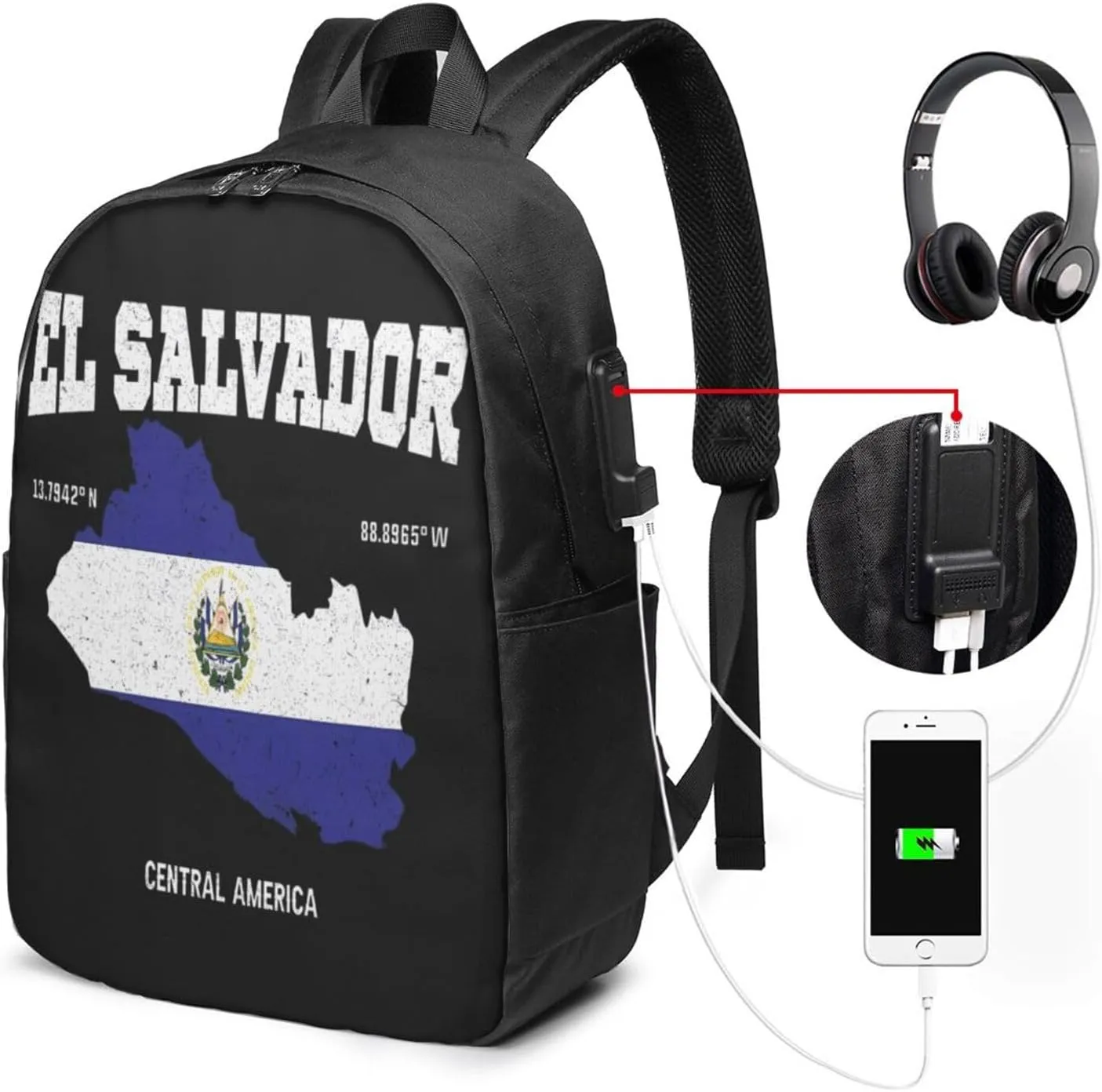 Salvadoran El Salvador Map Flag Laptop Backpacks Travel Backpack Casual Business Daypack Sport Rucksack Computer Bag Fits up to 17 Inch Notebook with USB Port