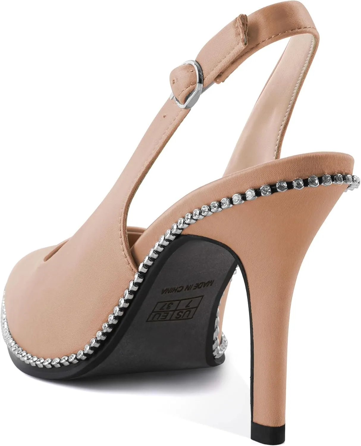 SAMMITOP Women's Slingback Heels Pointed Toe Stiletto High Heel Rhinestone Beaded Pumps 3.5 Inch Satin Wedding Party Dress Shoes
